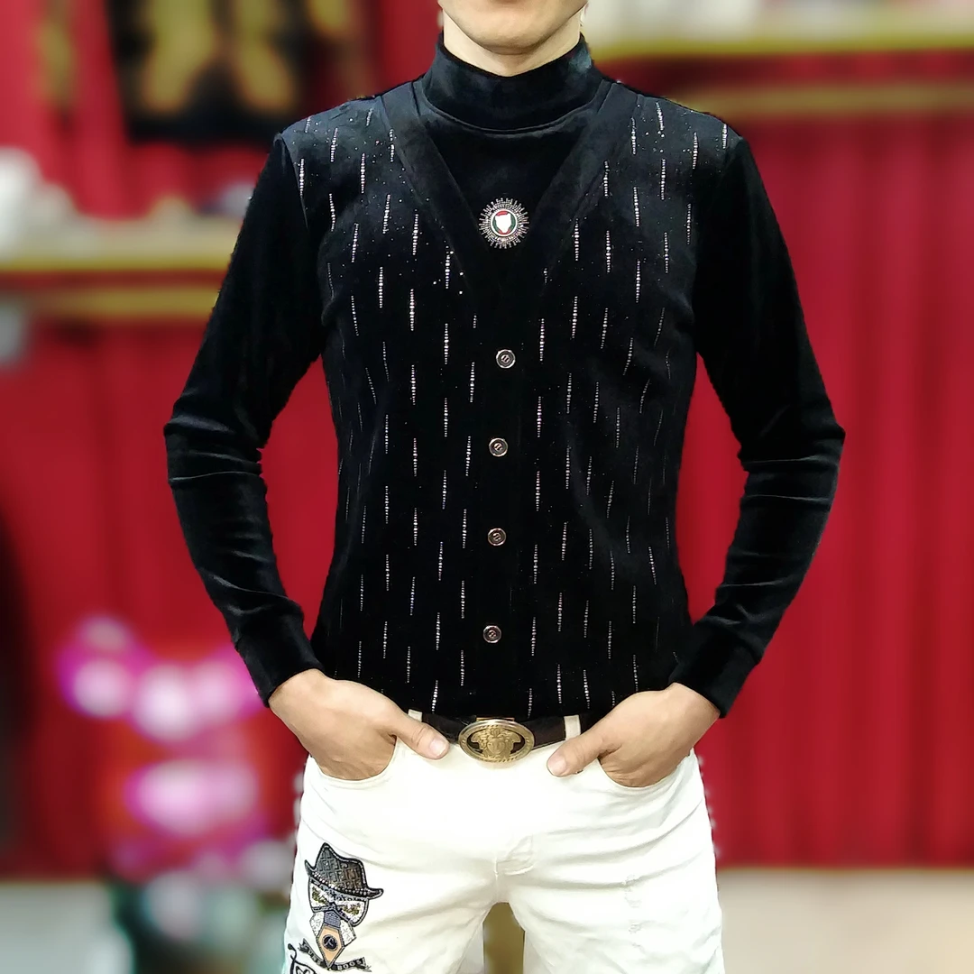 欧货秋冬男士新款休闲时尚假两件半高领打底潮流修身百搭加绒卫衣