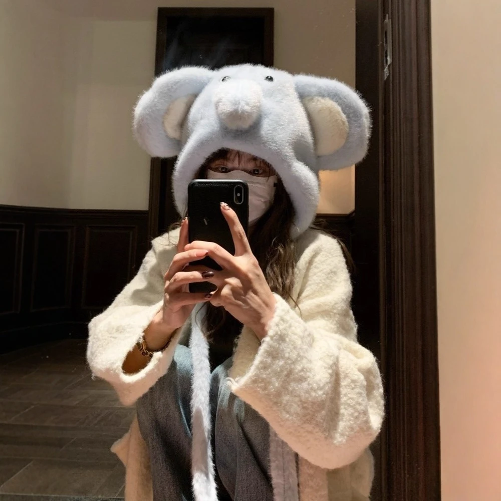 帽子日系毛绒蓝色大象雷锋帽子女冬季保暖加厚护耳绑带防风套头帽