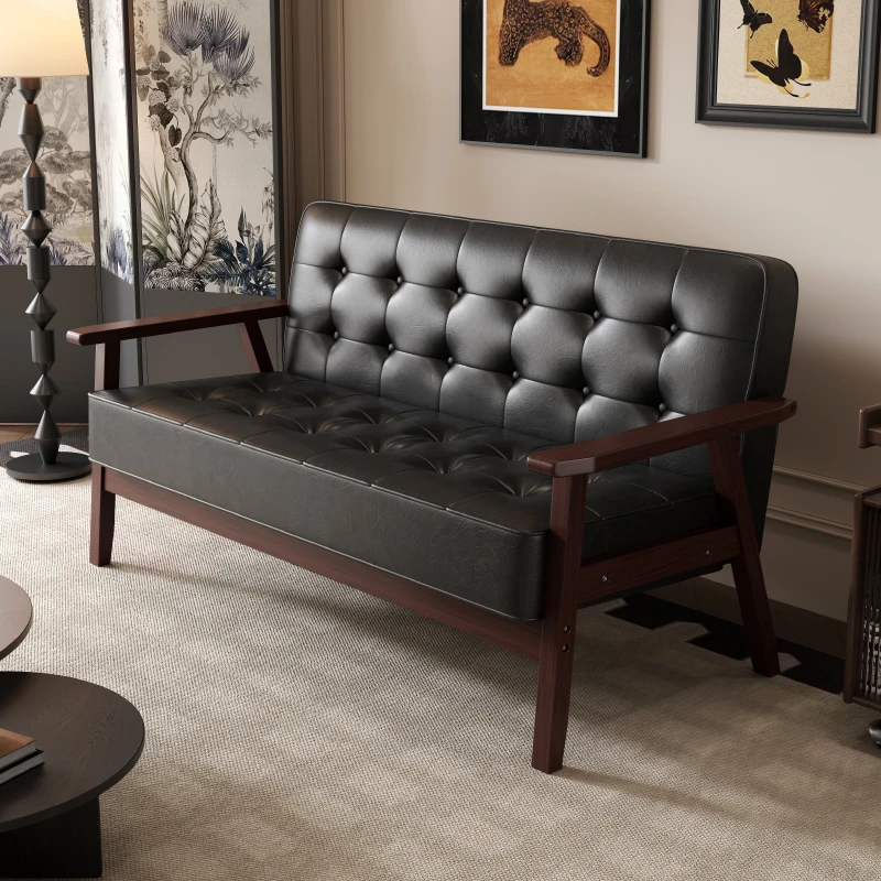 北欧实木皮艺沙发三人位小户型客厅咖啡厅简易日式复古单双人沙发