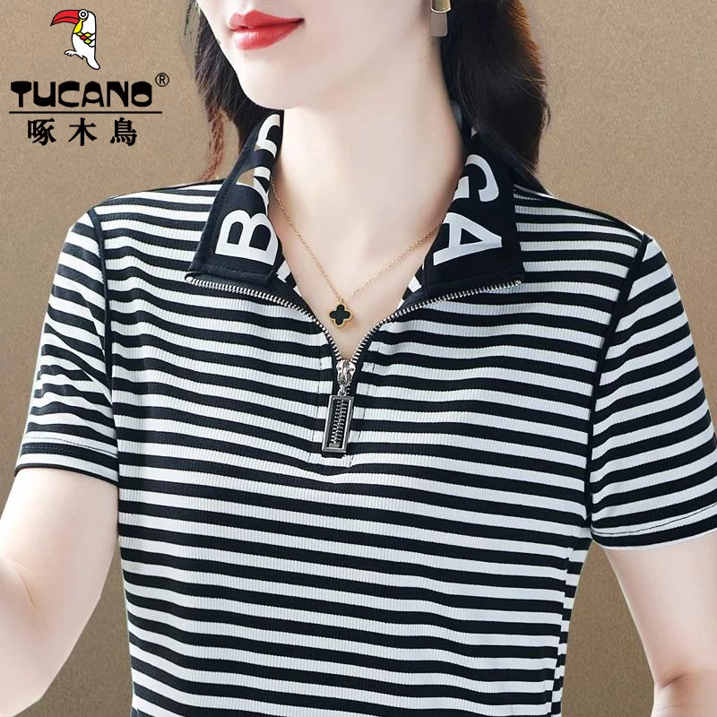 啄木鸟立领POLO衫短袖T恤女夏季新款休闲显瘦洋气减龄条纹上衣潮