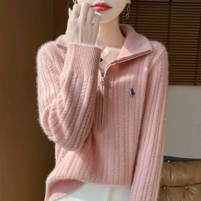 重磅100羊绒！重工绞花半开领设计拉链针织打底衫  946