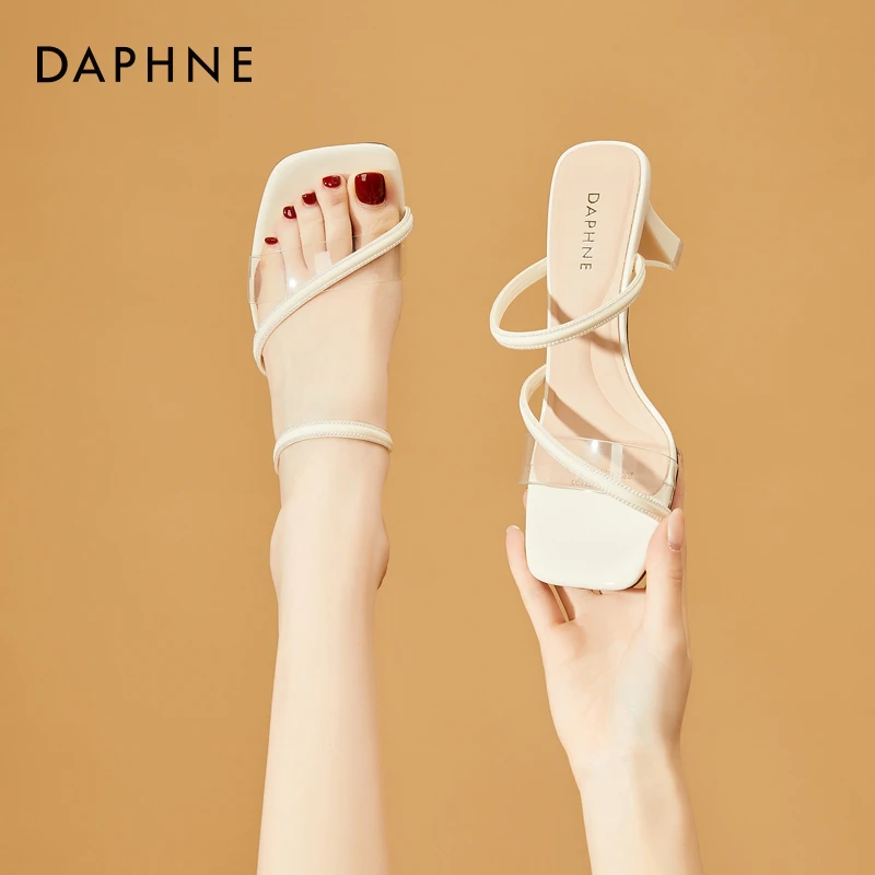 达芙妮透明高跟凉拖鞋女夏季外穿2025新款一字带粗跟气质法式凉鞋
