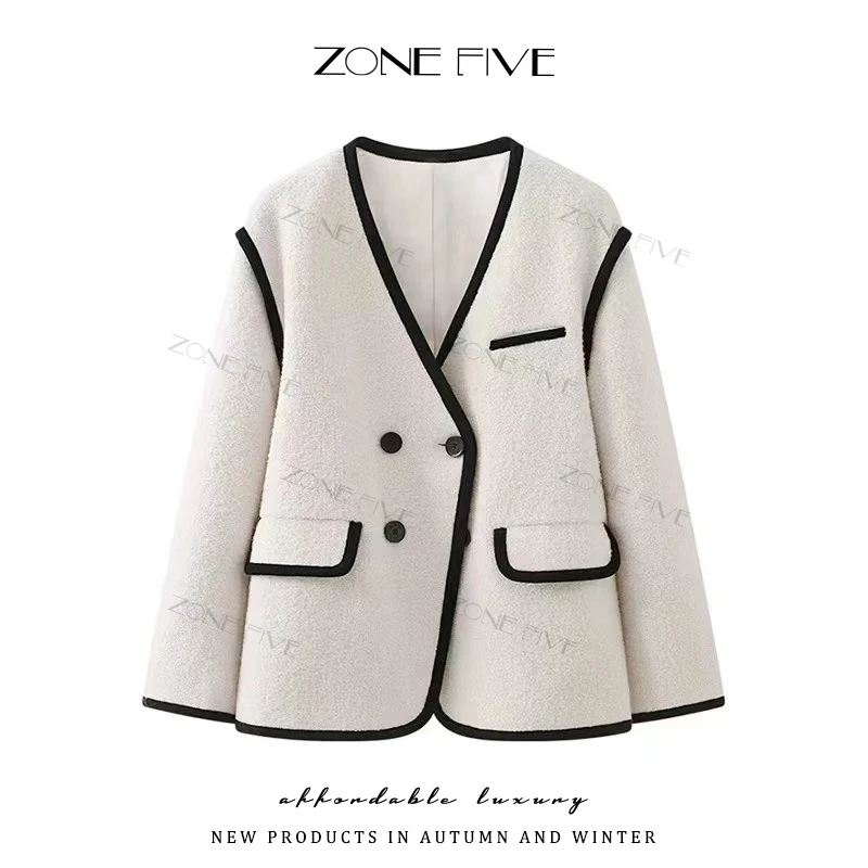 【zonefive】法式V领拼色双排扣高级感宽松小香风外套23684645