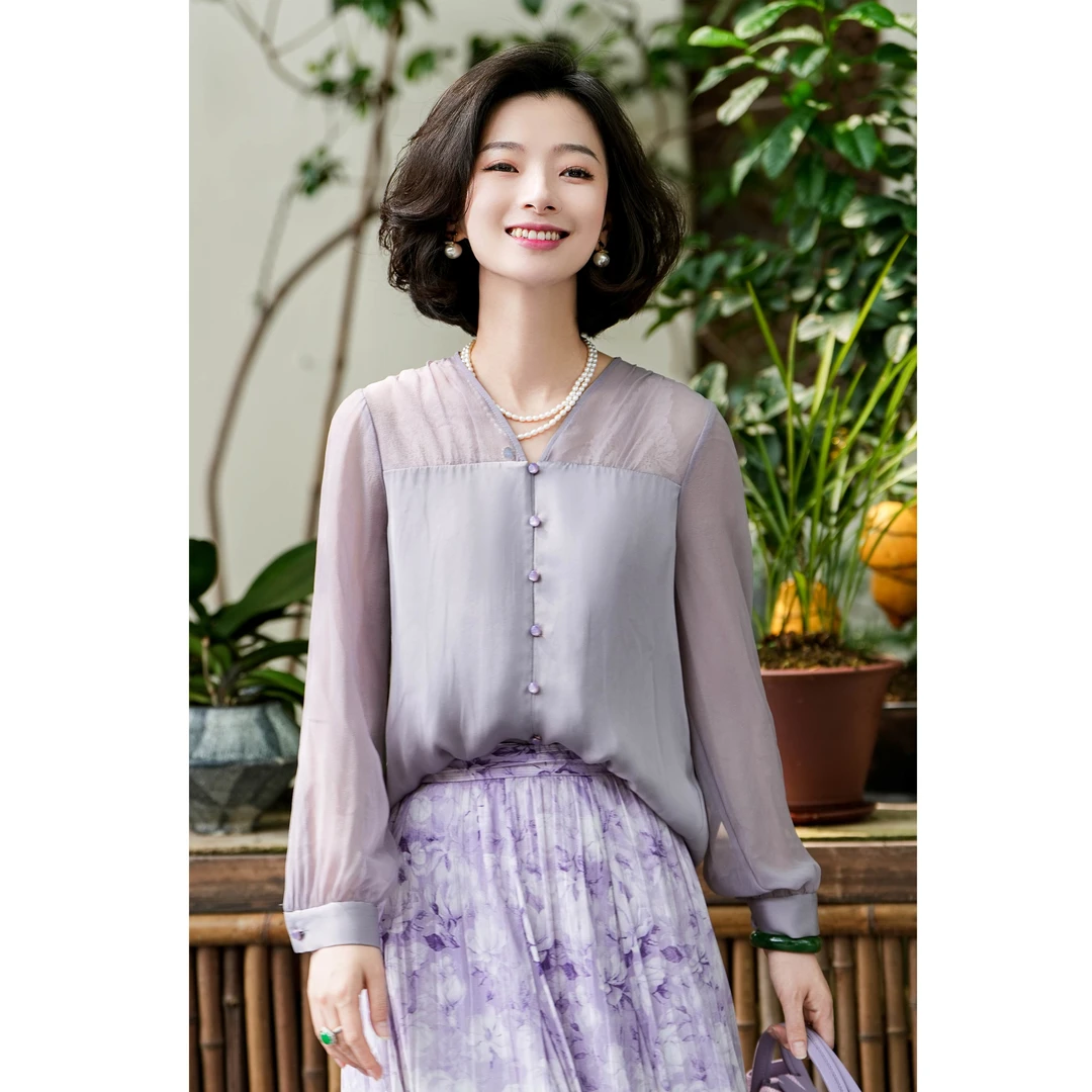 西子/【浅丁香】重磅桑蚕丝双乔拼接设计感通勤百搭上衣/SYTJ054