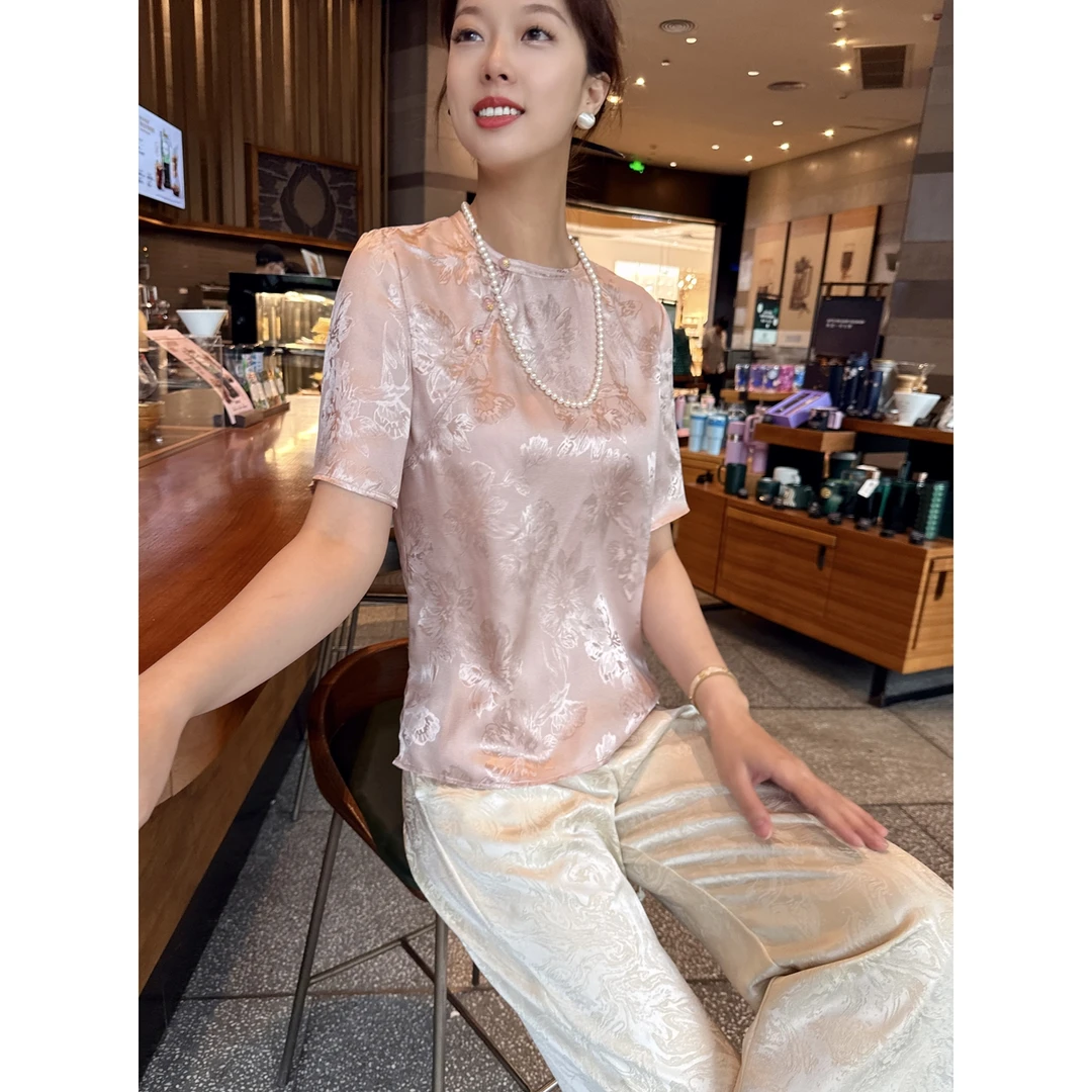 【深圳罗依】原创真丝衬衫女桑蚕丝花罗提花新中式短袖圆领气质上衣