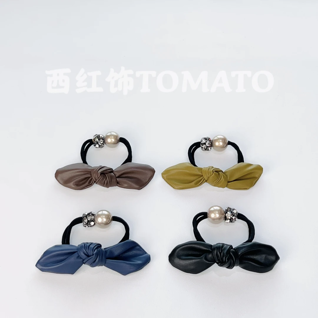 西红饰TOMATO韩国东大门简约皮面蝴蝶结满钻高弹发绳