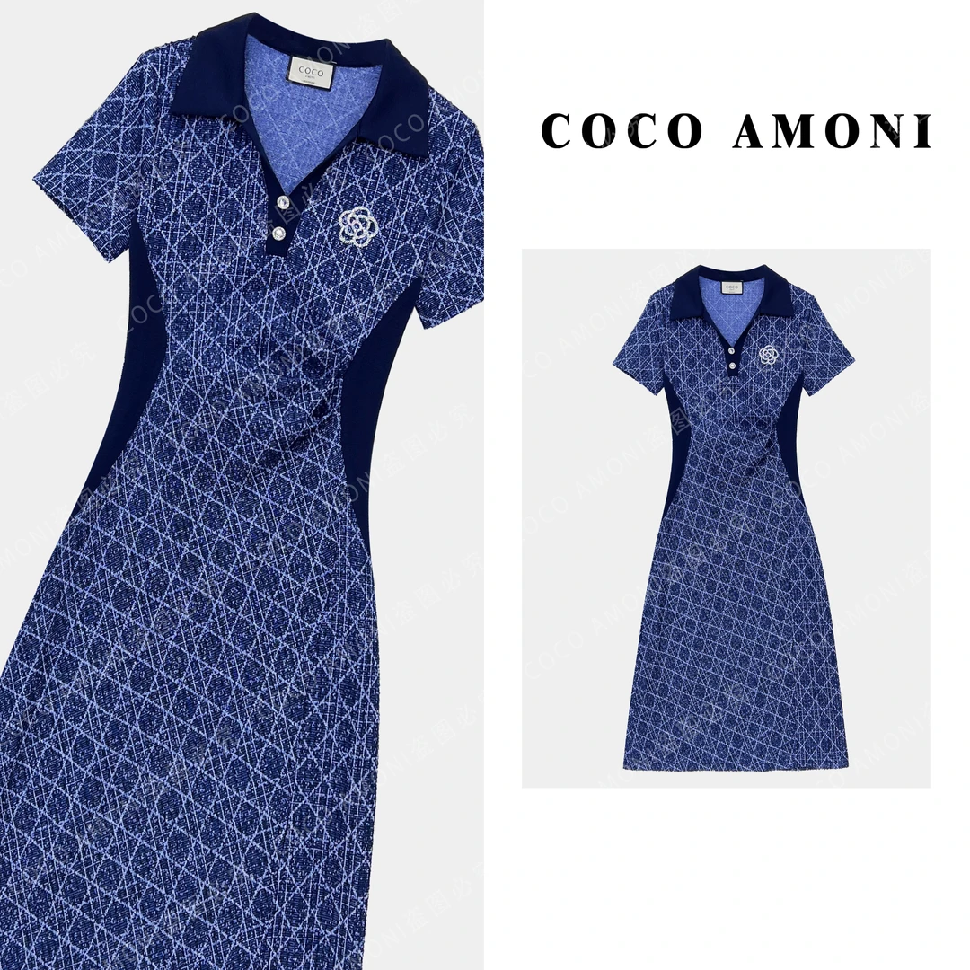 [曼姐]轻奢爆款女装拼接重工烫钻山茶花气质显瘦连衣裙AC776