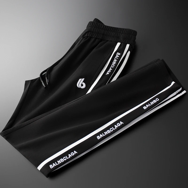 夏季薄款刺绣字母松紧腰带高端休闲裤男修身柔软垂顺直筒运动裤潮