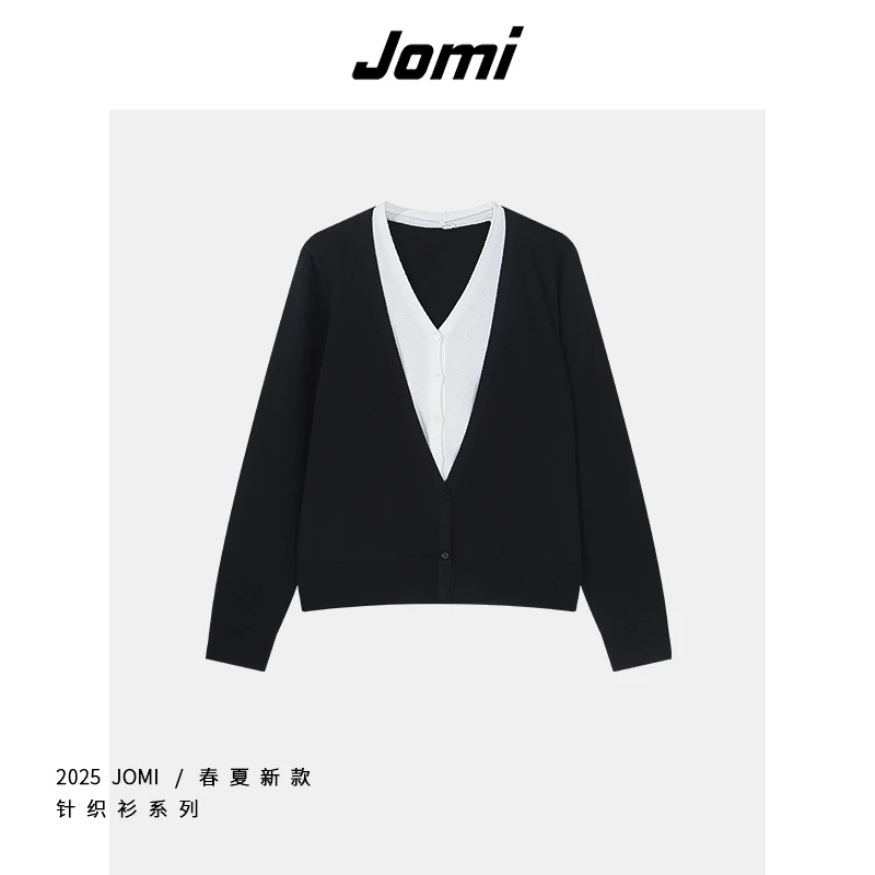 JOMI针织开衫V领外套女设计感小众假两件撞色毛衣