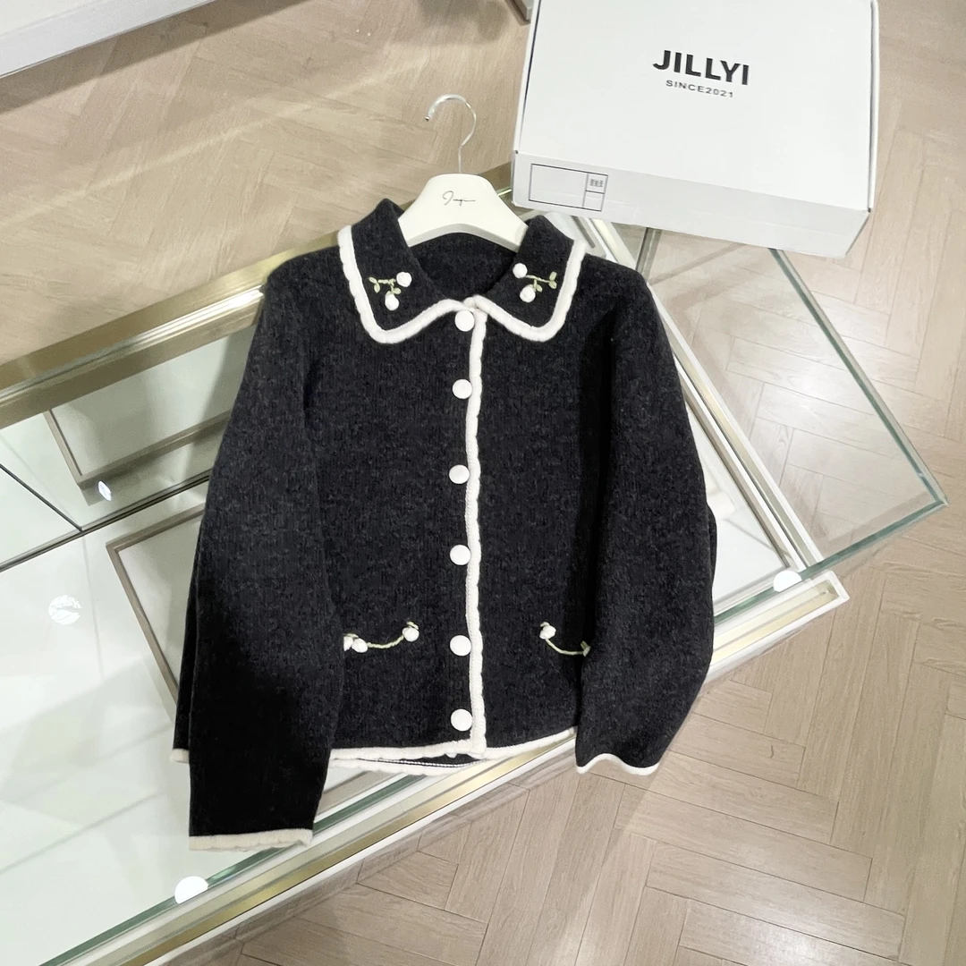 JILLYI【玉兰深灰】黑色元宝领千金气质时尚针织开衫秋季百搭