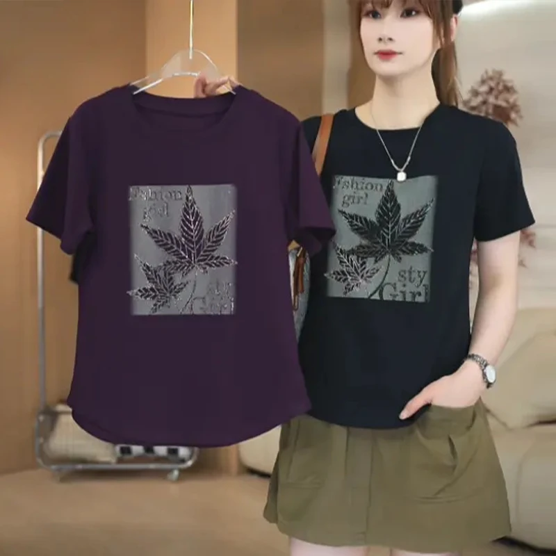 高含棉小个子休闲百搭印花圆领短袖t恤女2025年夏季新款打底上衣