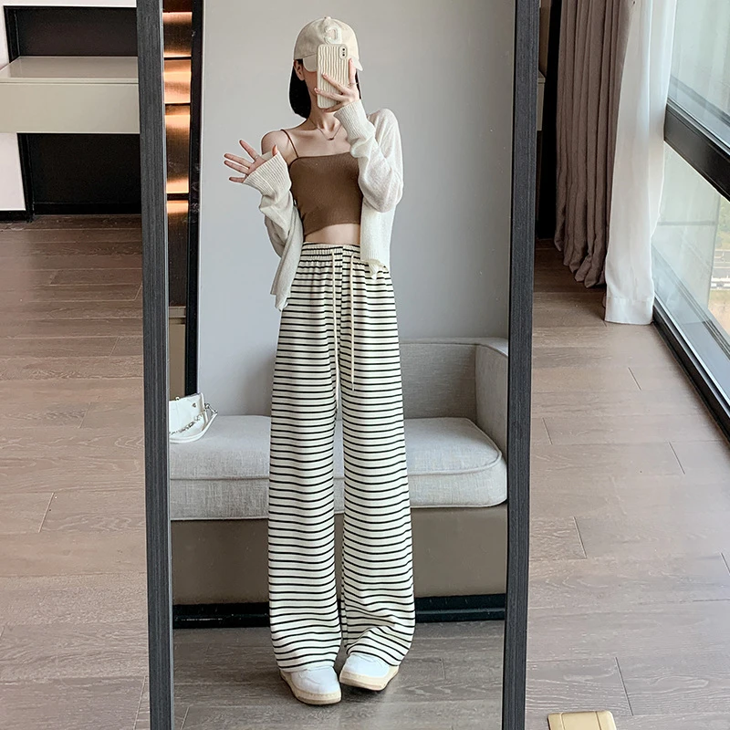 黑白条纹阔腿裤女春秋季新品小个子高腰垂感窄版直筒休闲裤女