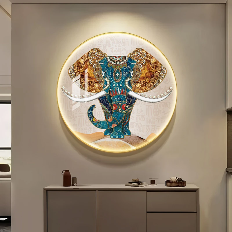 吉祥如意大象入户玄关装饰画客厅圆形壁画过道轻奢墙面高级感挂画