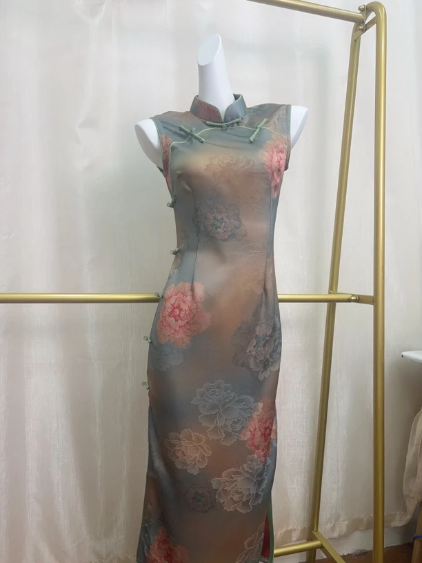 V-3103 出水芙蓉 软锦提花 无袖 夏款年轻款改良旗袍120cm长款
