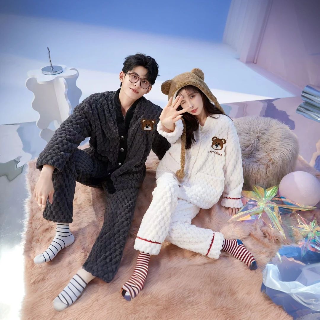F01666秋冬季情侣毛绒保暖休闲宽松居家家居服套装