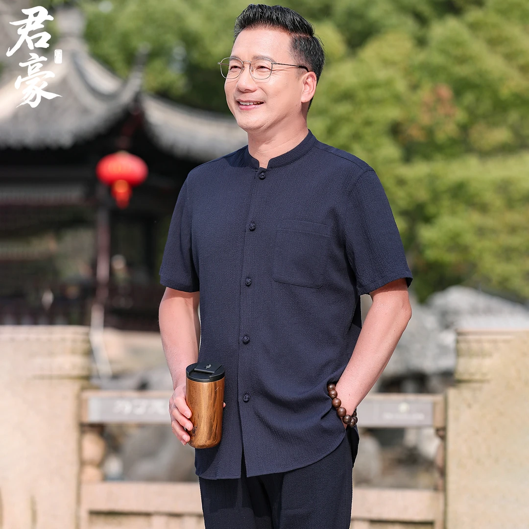 中老年人唐装男士夏季中国风冰丝透气短袖爸爸夏装休闲套装爷爷装
