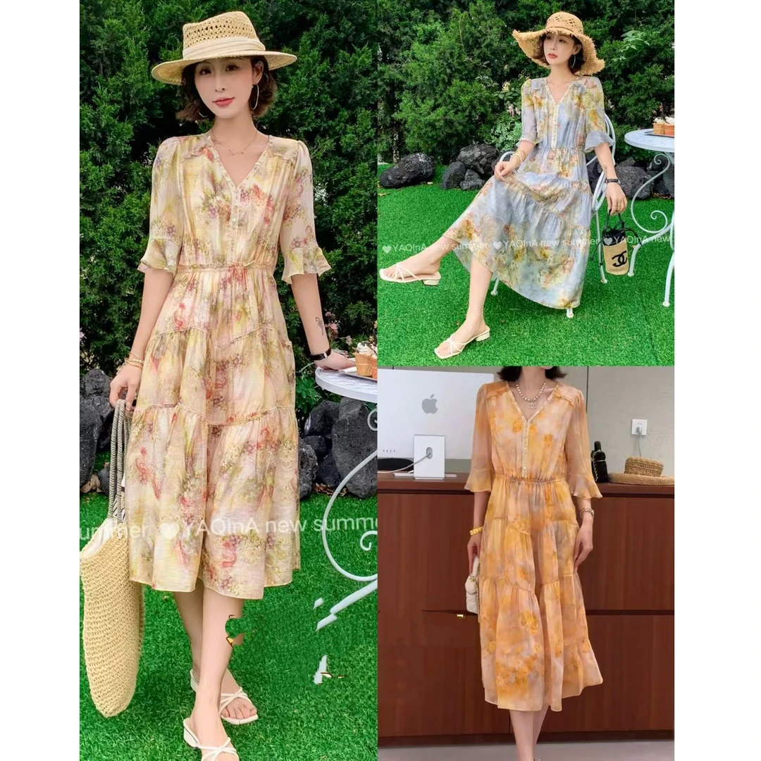 DS52196回味依衣高级感时尚设计师收腰花色连衣裙