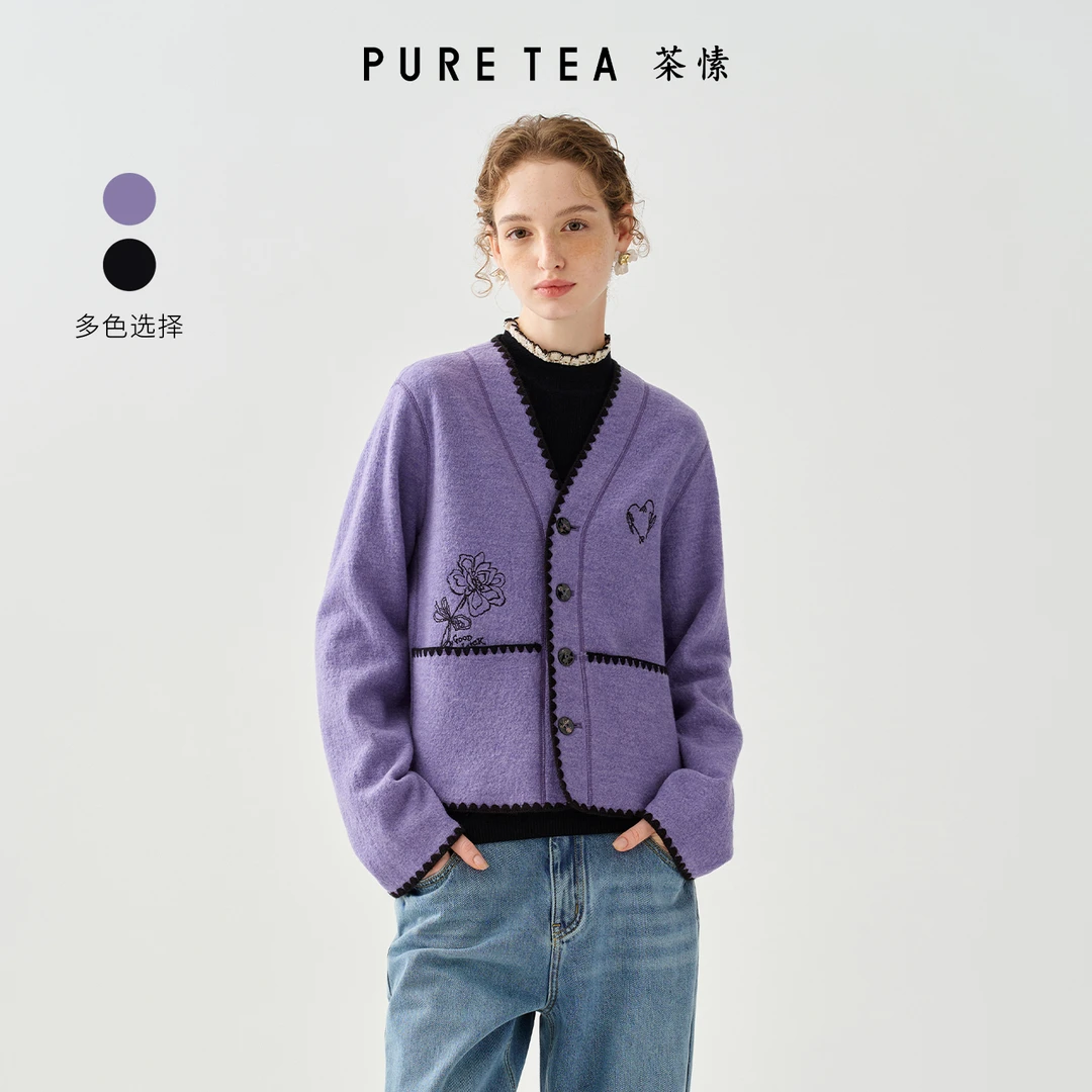 【意趣刺绣】茶愫立体玫瑰绣花绵羊毛针织外套女秋新TH0201D31