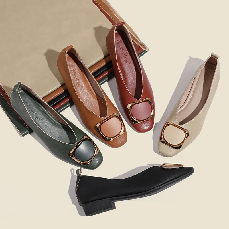【34-43码】真皮方跟单鞋浅口方头女鞋软底舒适百搭低跟女士