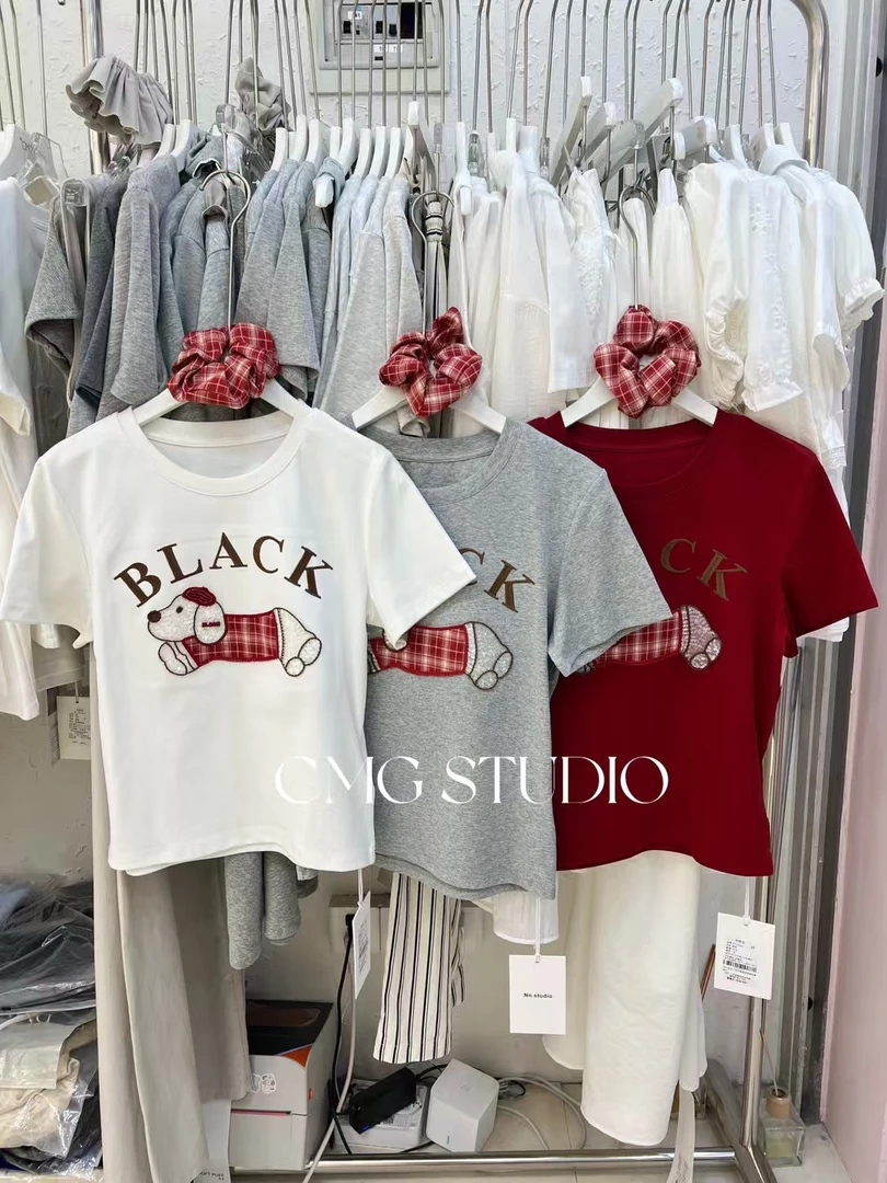 重工带发圈小狗T短袖常规T恤显瘦ol女款潮流撞色红色