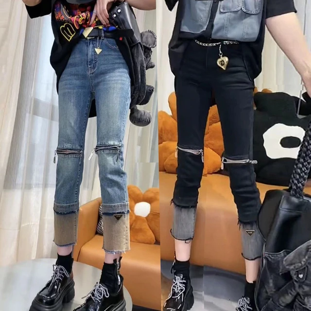 大码裤子女2025新款春季胖妹妹mm高腰直筒破洞牛仔裤女显瘦九分裤