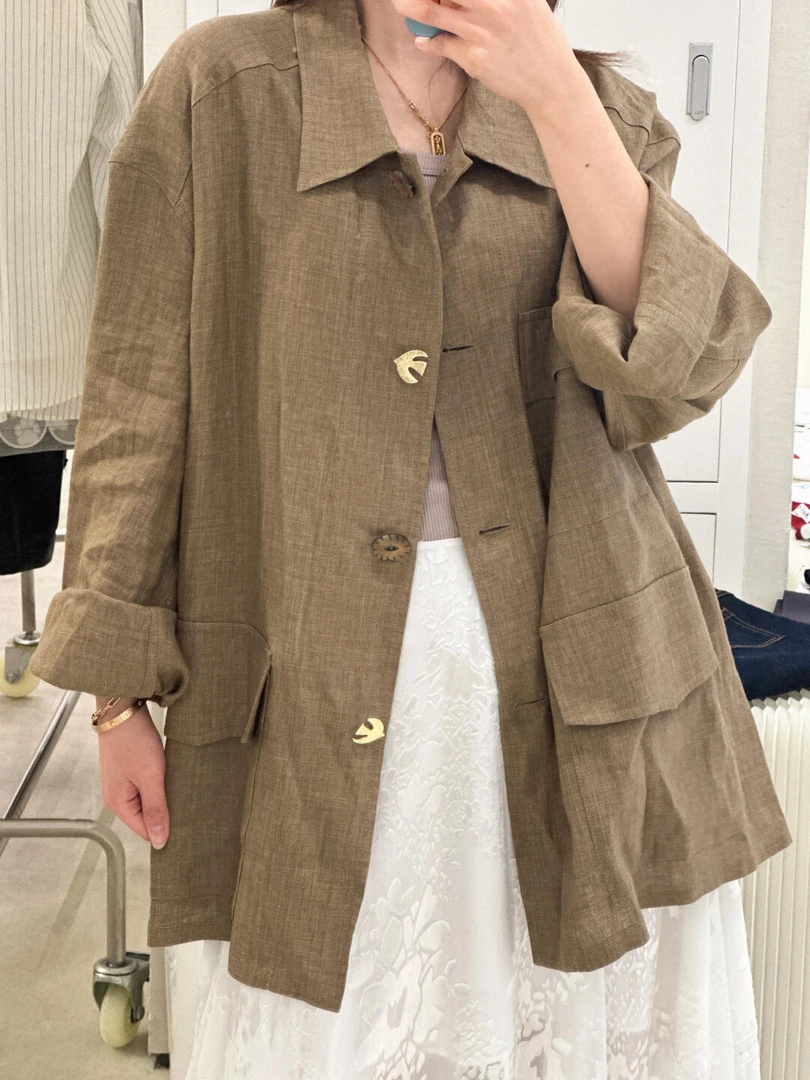 亚薇女装 100%亚麻衬衫式休闲外套 卡其纹理感164-WTH-045