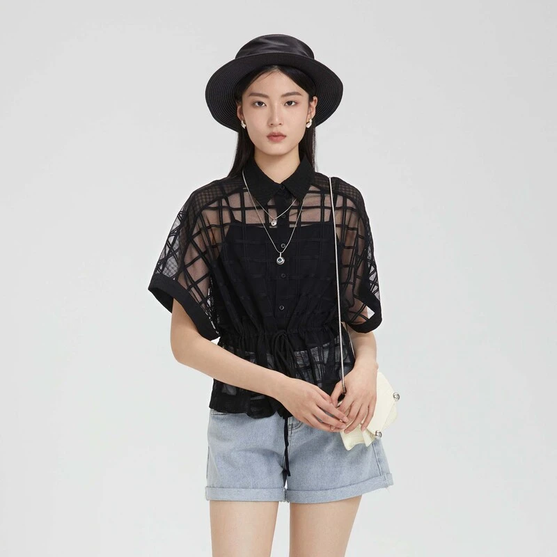 圣迪奥女装夏季轻奢时尚休闲百搭翻领收腰衬衫S23280402