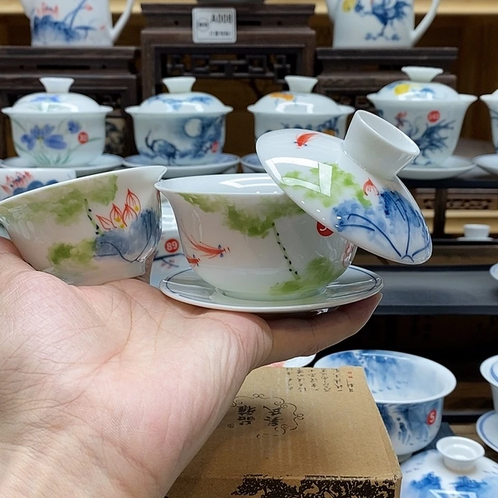 手绘五彩荷花150cc悬停盖碗➕压手杯85釉下彩微瑕福利款