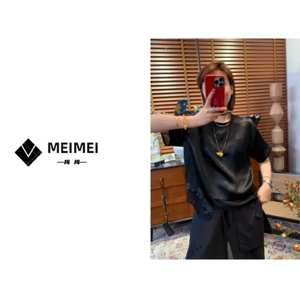 XMM.【醋酸拼接短袖】时尚百搭潮流显瘦洋气宽松休闲夏季圆领HZ9686