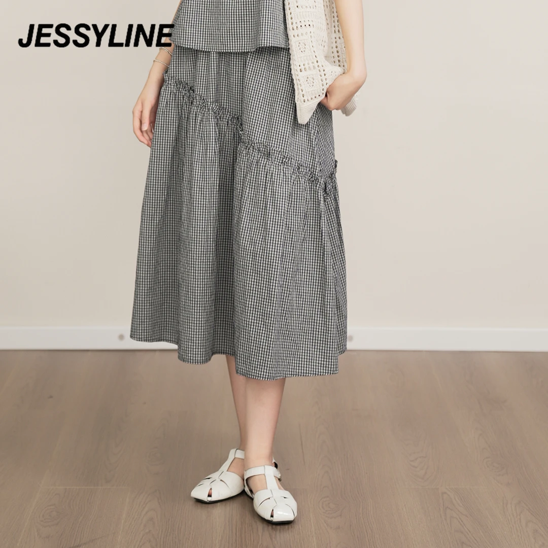 jessyline 2025夏新款杰茜莱格纹半身裙中长宽松a字裙夏日穿搭