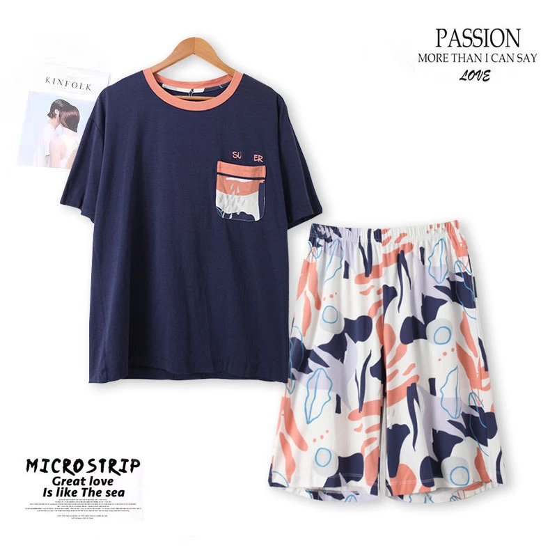 春夏款男印花家居服套装短袖短裤松紧腰00418亲肤舒适