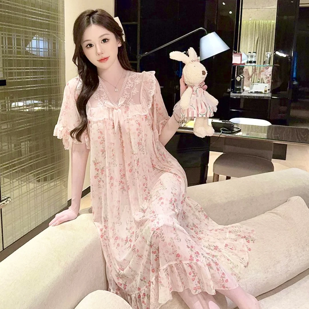 【小美慧】春夏新款碎花蕾丝网纱短袖中长款胸垫睡裙外穿家居服女