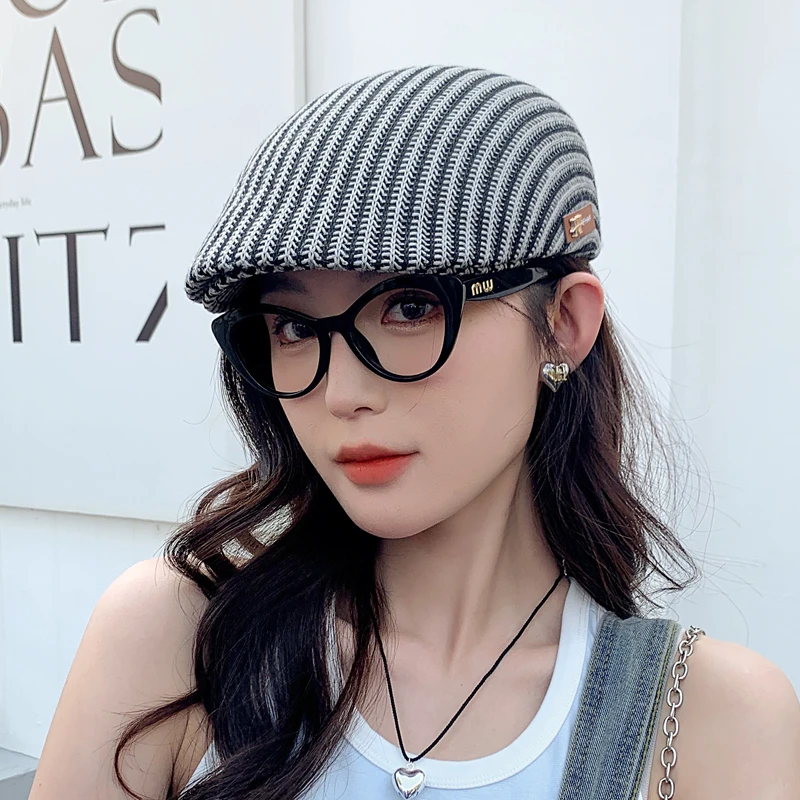 前进帽女春夏季鸭舌针织画家复古条纹透气韩版洋气个性百搭贝雷帽
