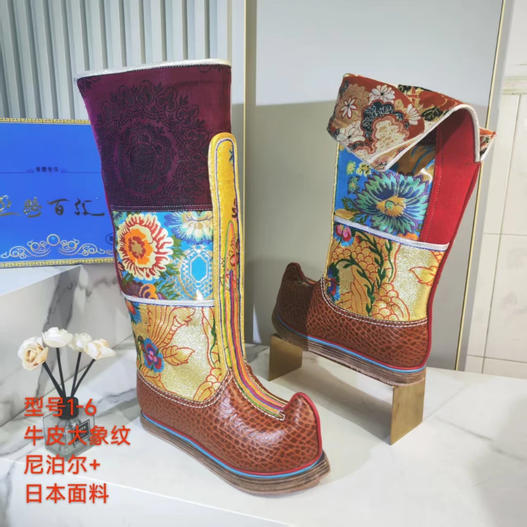 1-6牛皮大象纹尼泊尔日本面料棕色藏靴长靴搭配藏装青海西藏包邮