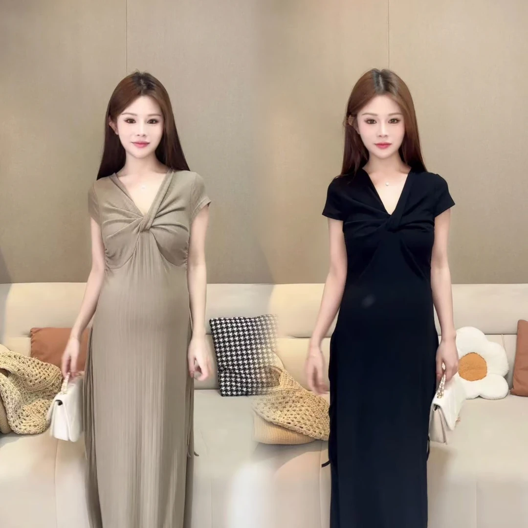 孕妇夏季新款扭结丑褶连衣裙收腰显身材时尚辣妈短袖V领长裙