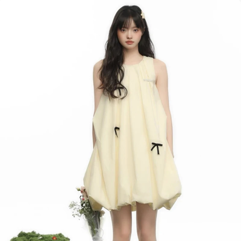 连衣裙女夏装2025新款休闲无袖背心宽松简约百搭花苞中长裙子2278