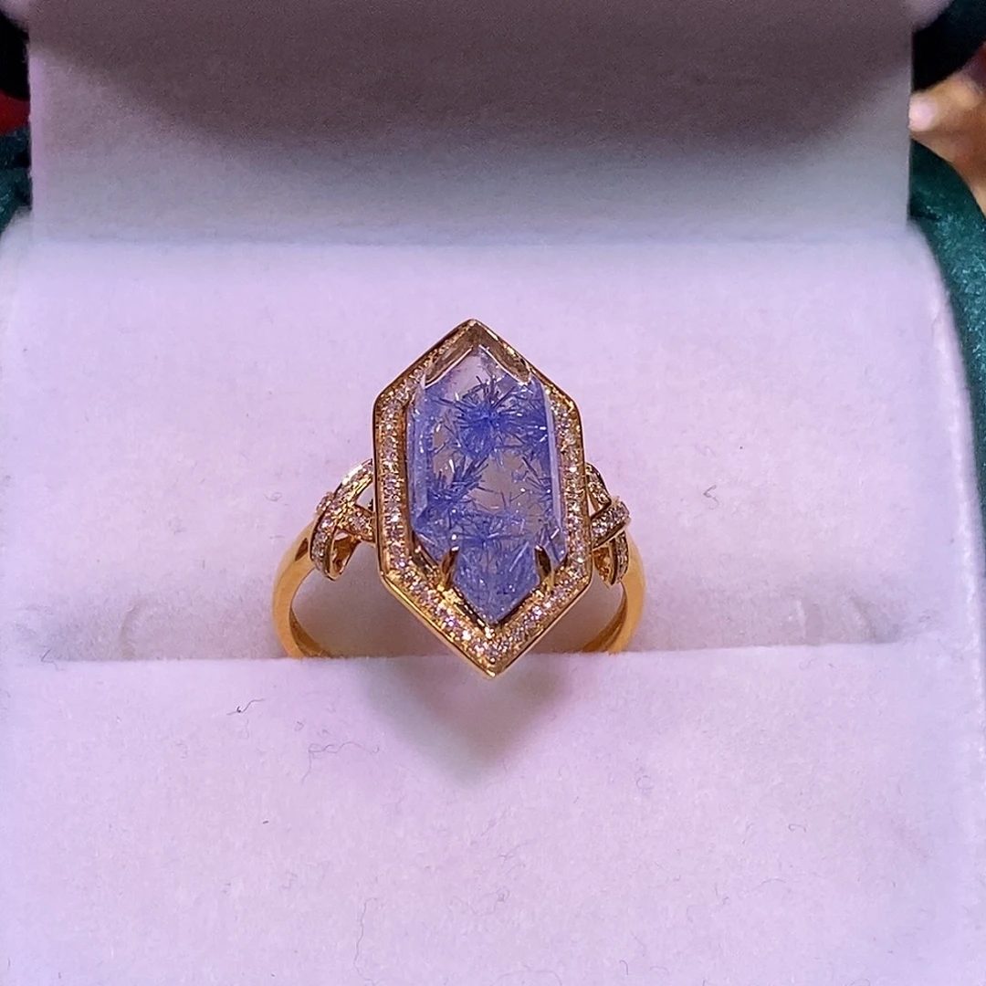 18K金镶嵌戒指水晶蓝线石戒指