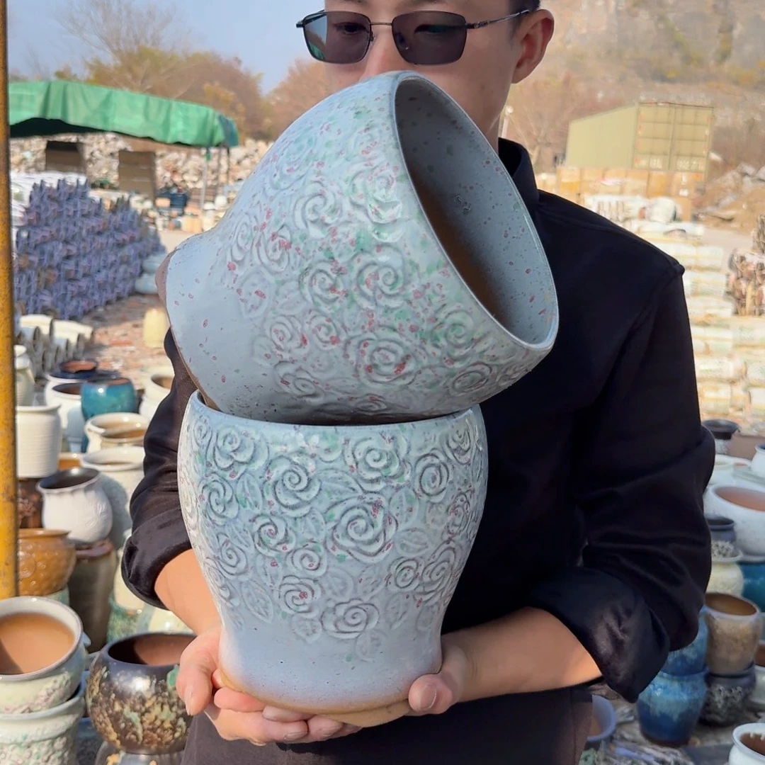 紫砂花盆两个玫瑰花彩色