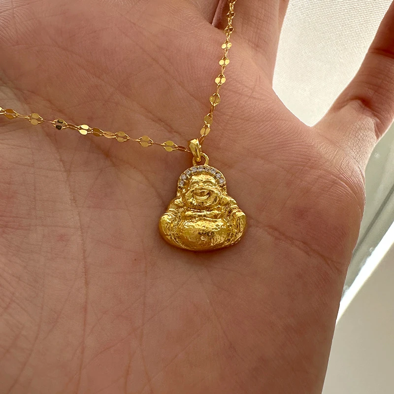 坠链均925银合成锆石 弥勒佛项链女简约镶钻新中式国风设计锁骨链