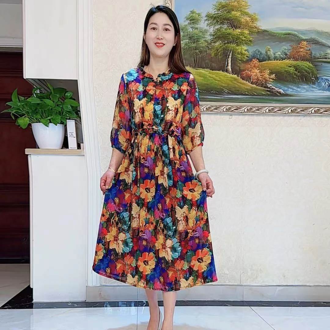夏季新款洋气碎花油画显瘦中袖连衣裙印花减龄过膝妈妈装