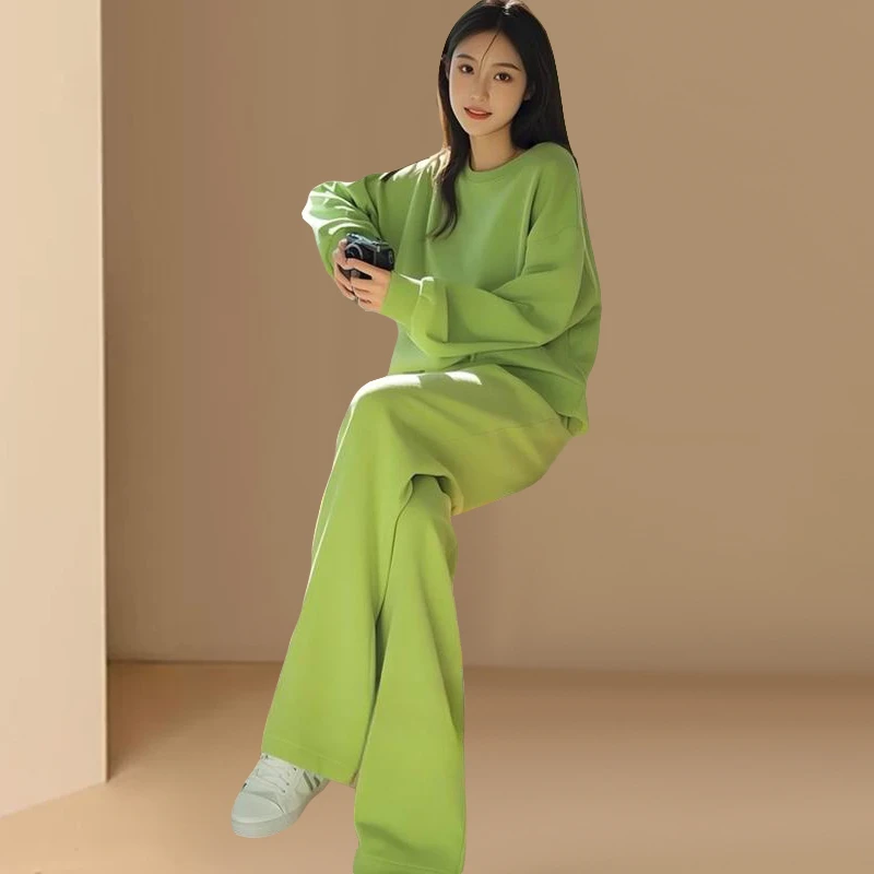春秋一整套ootd韩系高级感穿搭御姐又a又飒休闲绿色卫衣套装裤子