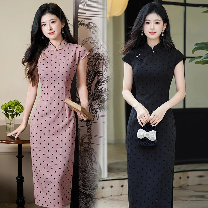 波点年轻款国风中式日常改良旗袍2025新款少女复古修身短袖春夏季