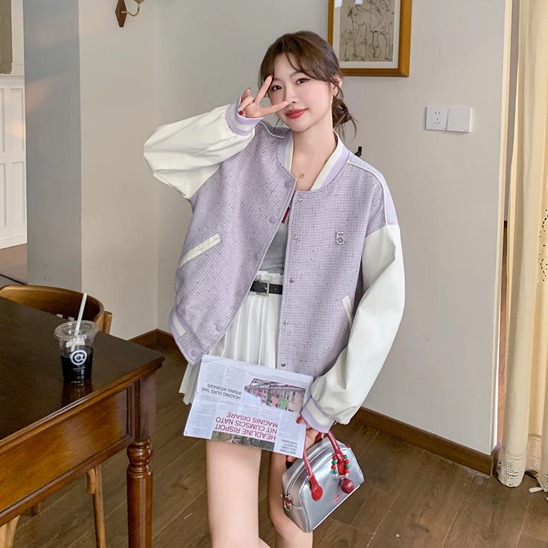 紫色甜美减龄棒球服上衣女2025春秋季新款韩版宽松休闲短夹克外套