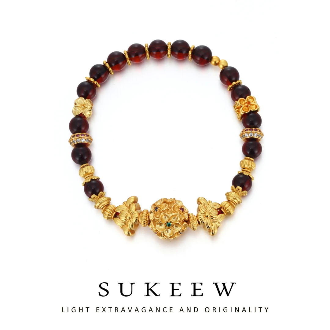 SUKEEW/酥可 铜合金手链 新中式精致花球百搭红珠手链205002