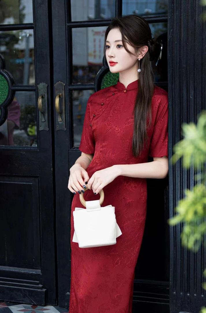 518-酒红 段段 年轻 改良 旗袍