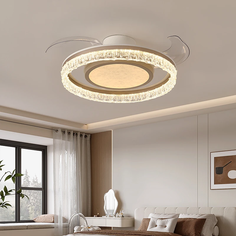 轻奢筒约隐形风扇灯客厅餐厅卧室商业现代风格大气水晶LED吊扇灯