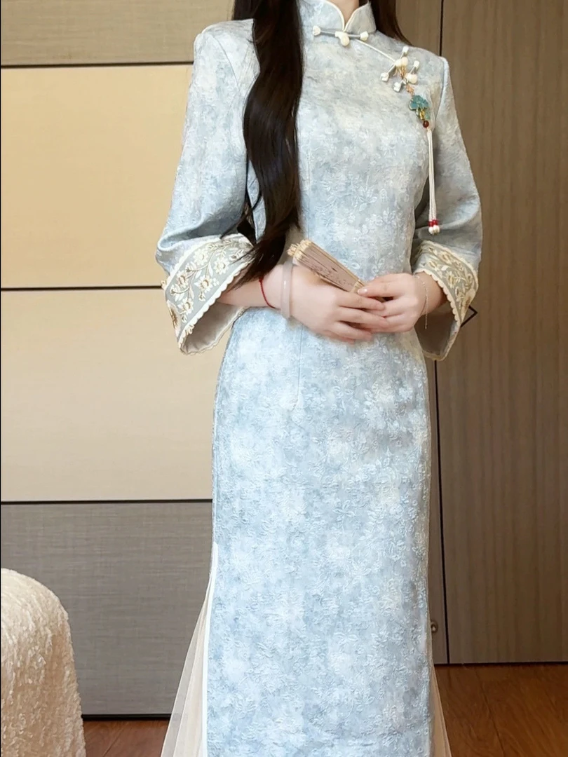 淡蓝色旗袍秋季新中式倒大袖长款修身收腰小个子中国风新款连衣裙