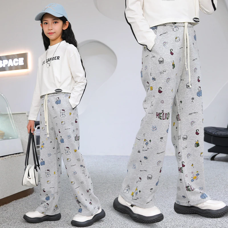 春秋新款儿童外穿直筒裤子女童时尚洋气印花休闲裤中大童百搭卫裤