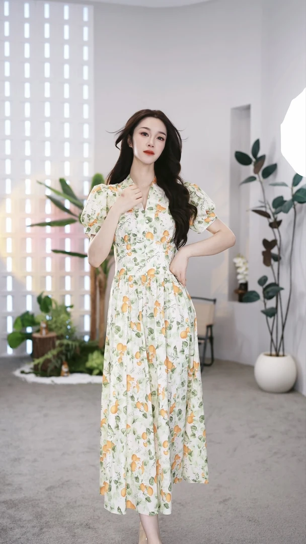 【BW】法式印花修身显瘦时尚气质设计夏季复古收腰连衣裙-25-S73