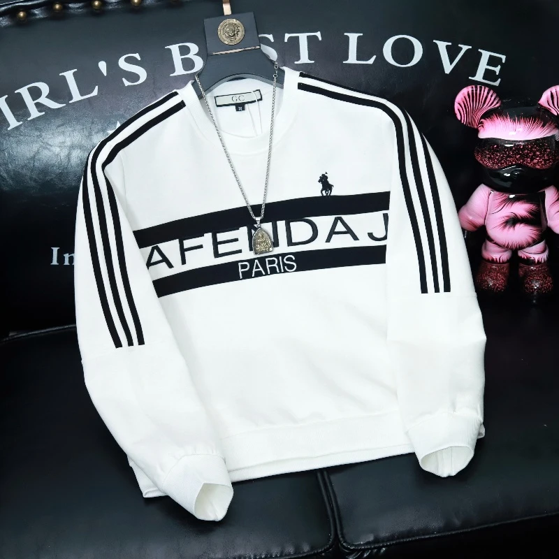 内米霍切春秋轻奢潮流男士圆领卫衣字母条纹刺绣休闲长袖内搭上衣